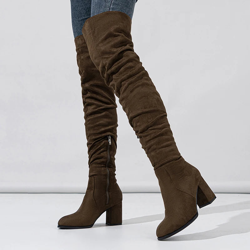 Women's Knee High Boots with Pointed Toe and Slouch Block Heel