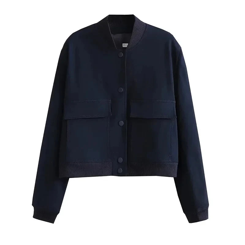 Women's Cropped Baseball Collar Bomber Jacket with Snap Buttons