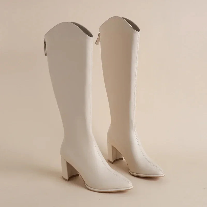 Women's Knee High Boots with Side Zip and Block Heel