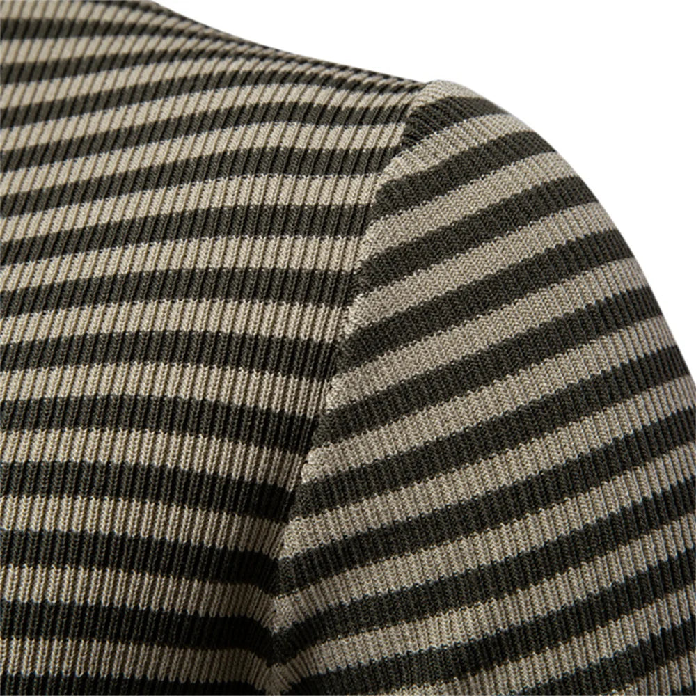 Men's Short Sleeve Striped Polo Shirt with Contrast Knit Design