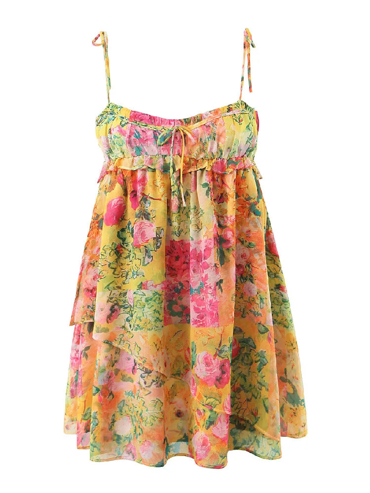 Women's Floral Mini Dress with Spaghetti Straps and Ruffle Detail