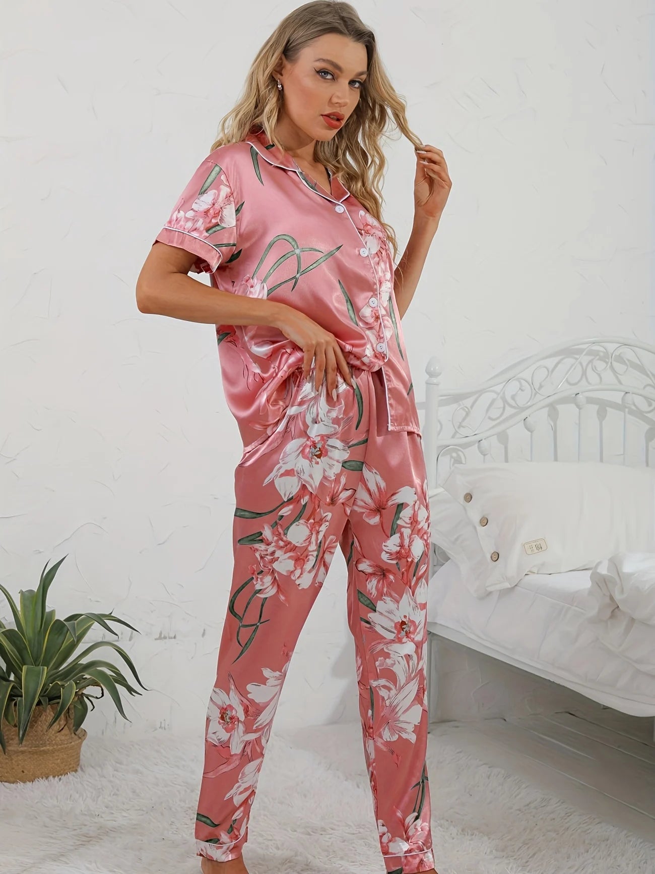 Women's 2-Piece Pink Pyjama Set with Floral Print Shirt and Trousers