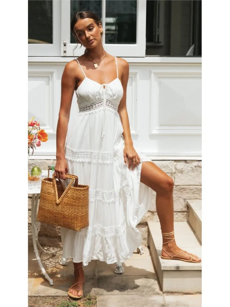 Women's Boho Maxi Dress with Spaghetti Straps and Lace Trim