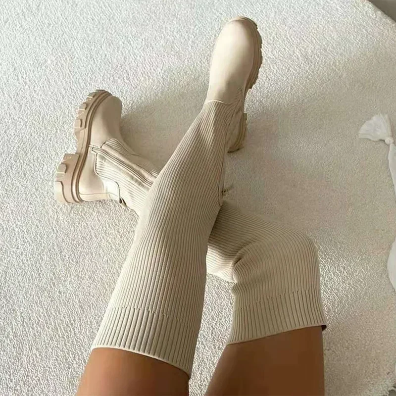 Women's Knee High Boots with Stretch Fit Chunky Lug Sole and Side Zip