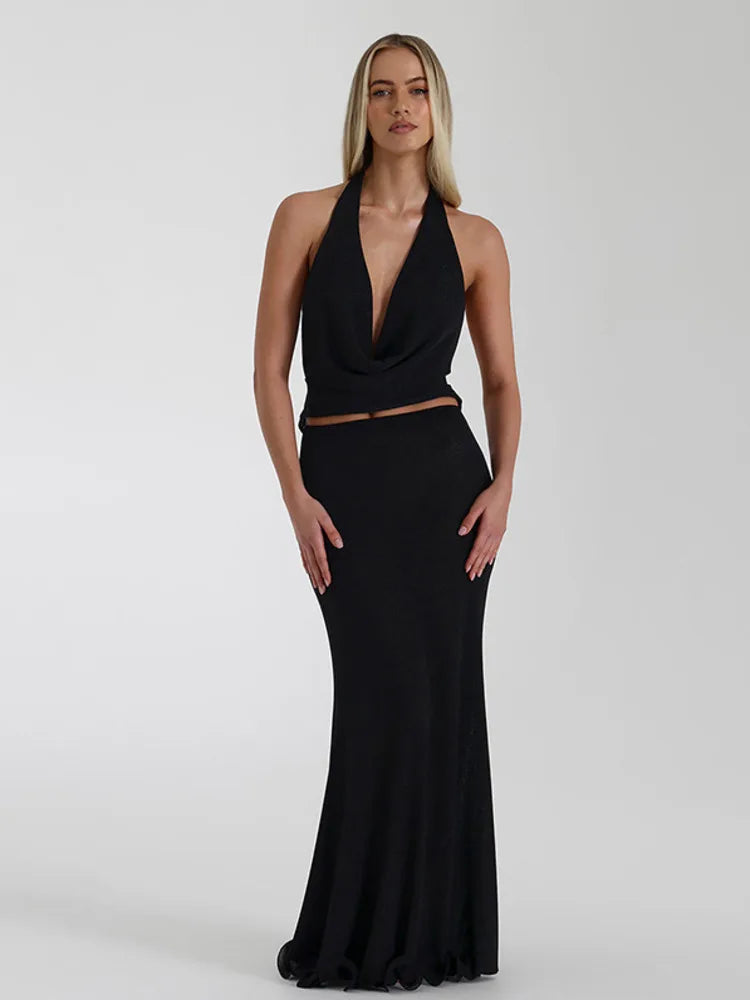 Women's Backless Halter Maxi Dress with Cowl Neck and Slim Fit
