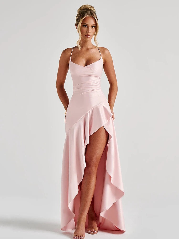 Women's Backless Spaghetti Strap Wedding Guest Maxi Dress