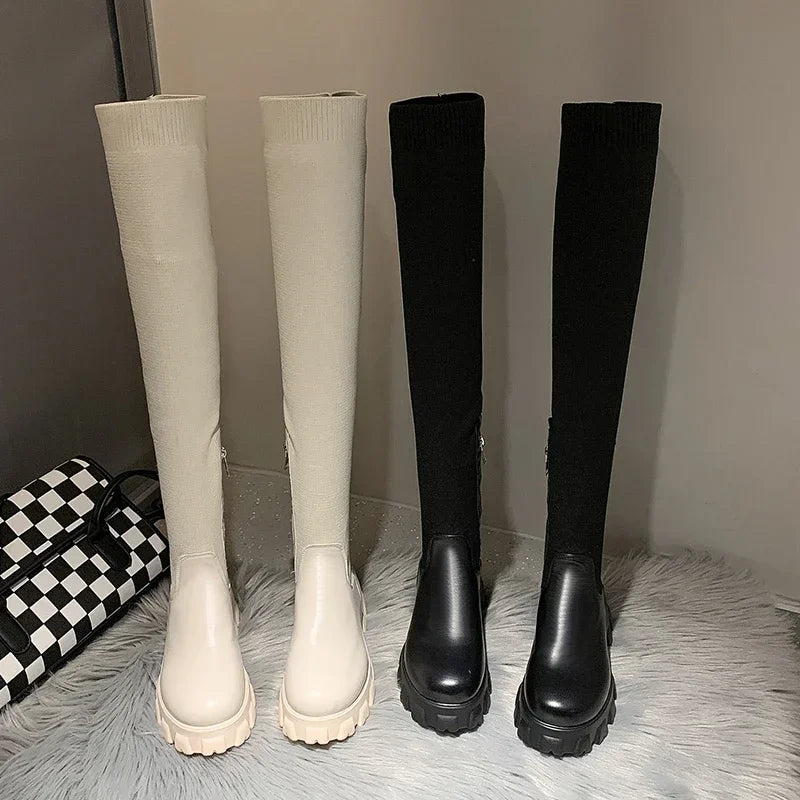 Women's Knee High Boots with Stretch Fit Chunky Lug Sole and Side Zip