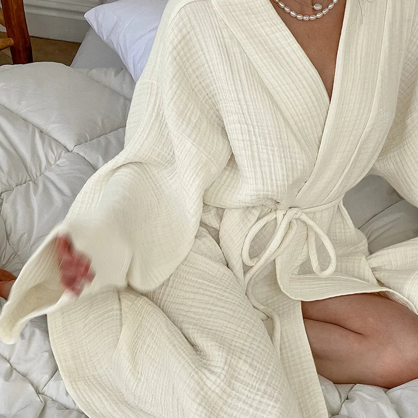 Women's Long Sleeve Cotton Dressing Gown with Belted Wrap Design