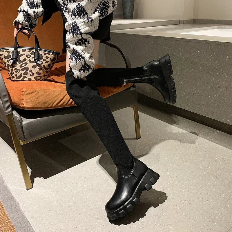 Women's Knee High Boots with Stretch Fit Chunky Lug Sole and Side Zip