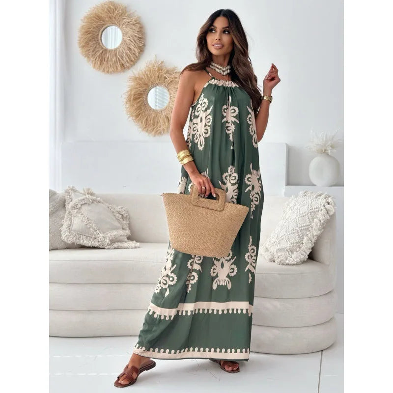 Women's Printed Maxi Dress with Halter Neck and Spaghetti Straps
