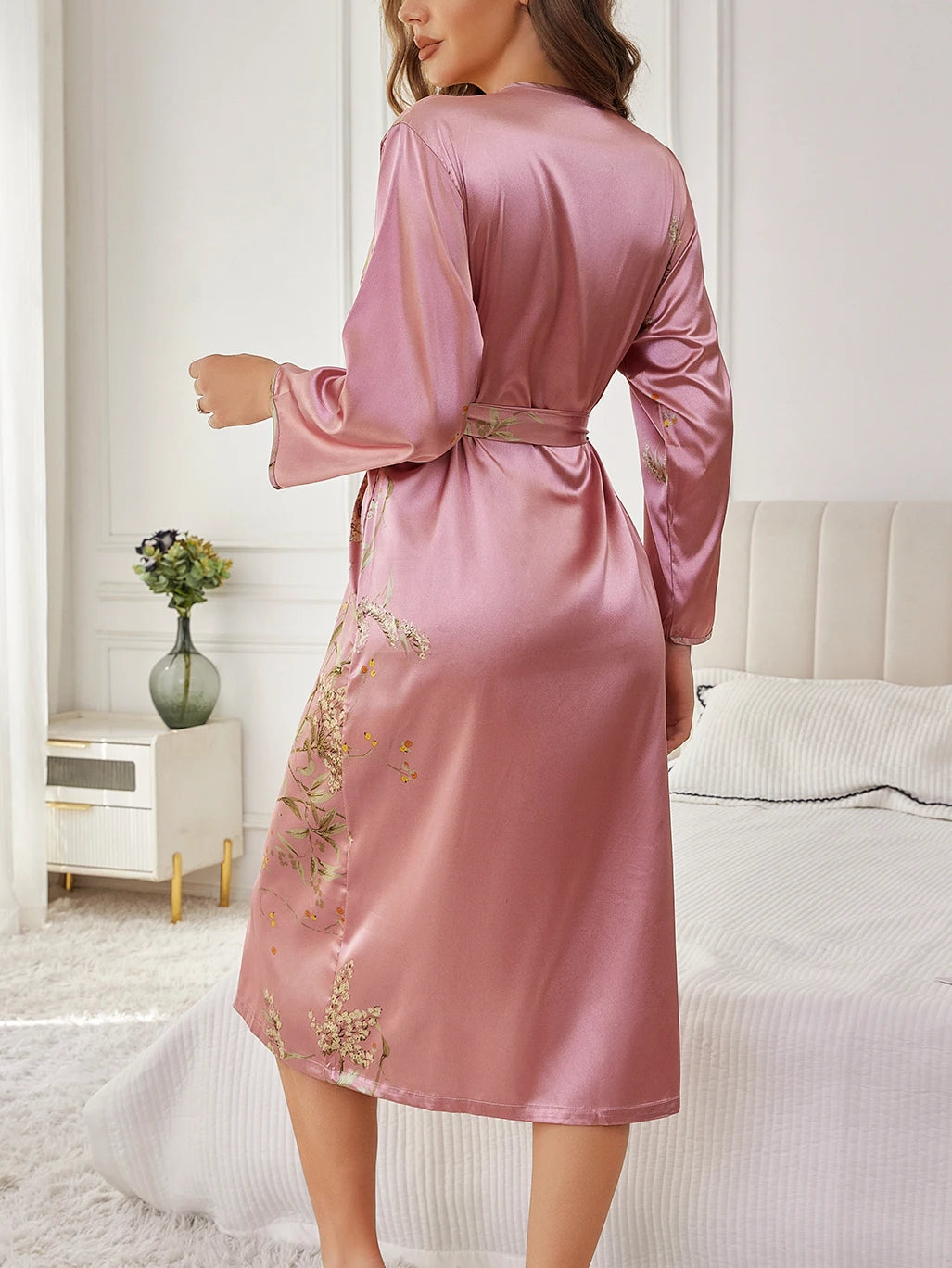 Women's Floral Print Dressing Gown with Belted Waist and Long Sleeves