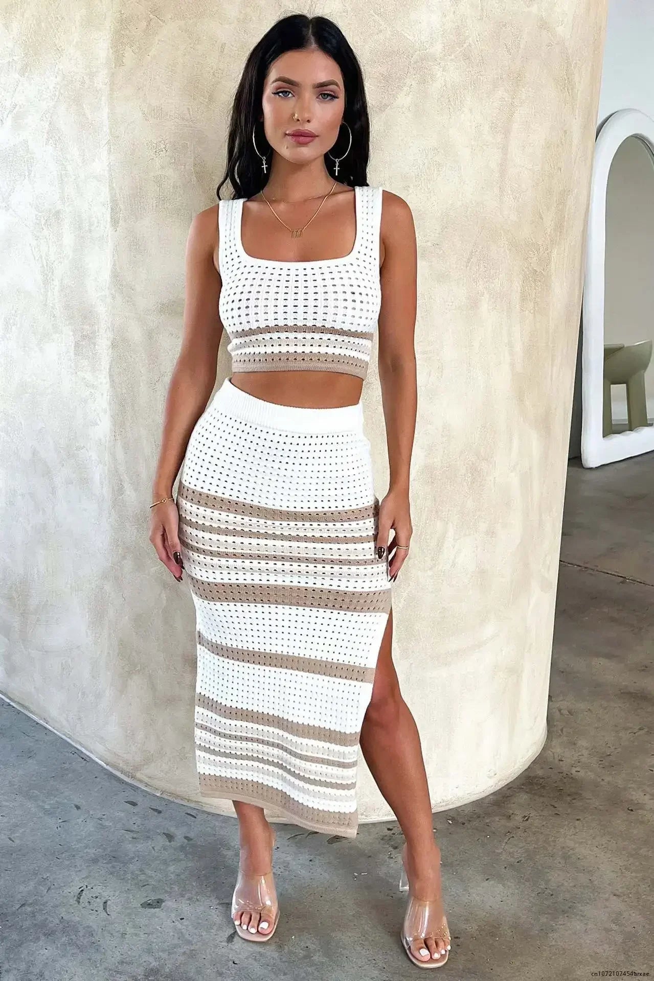 Women's Knitted Two-Piece Set with Sleeveless Crop Top and Skirt