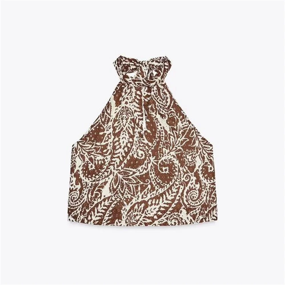 Women's Two-piece Printed Halter Crop Top and High-Waisted A-Line Skirt Set