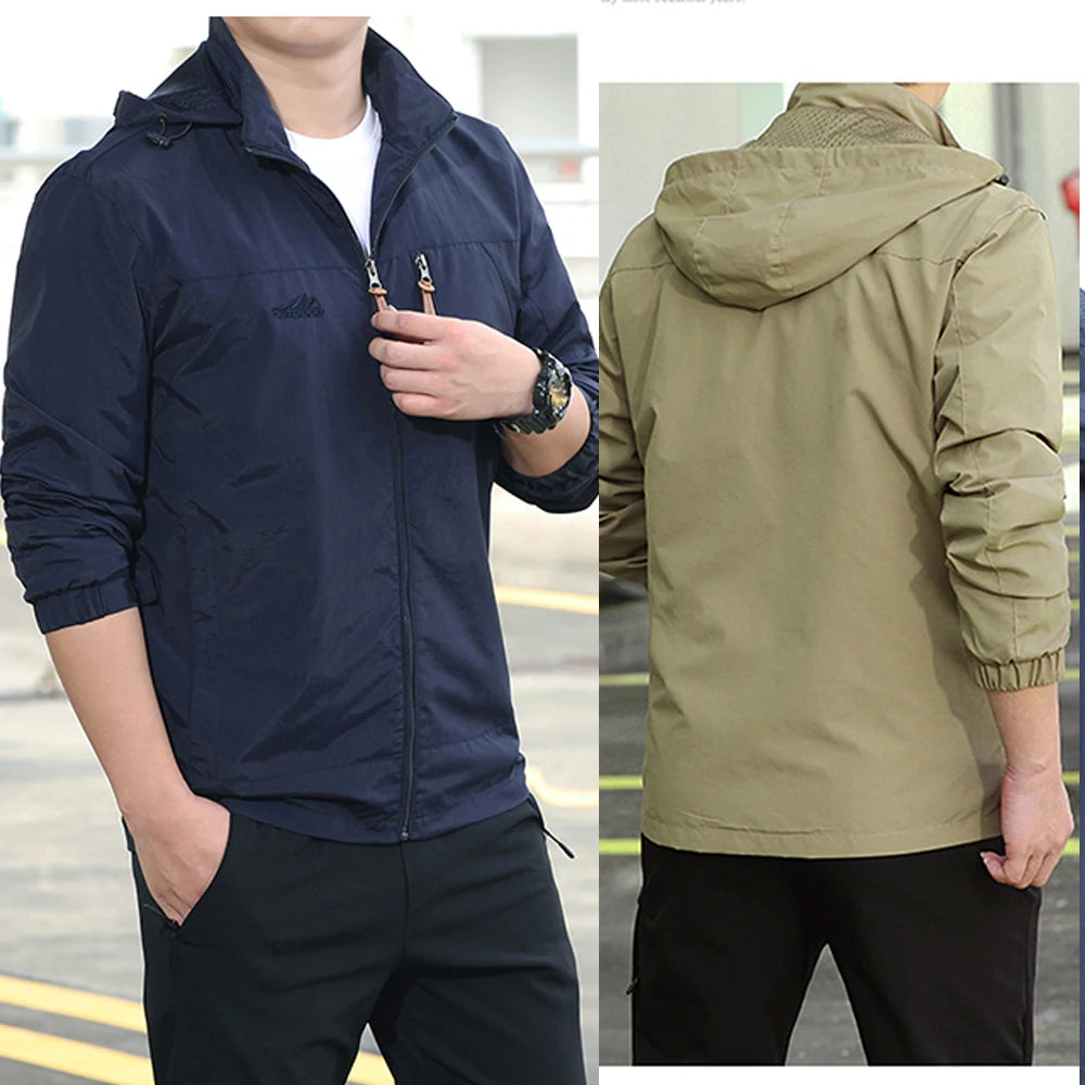 Men’s Waterproof Hooded Windbreaker Jacket with Zip Front Design