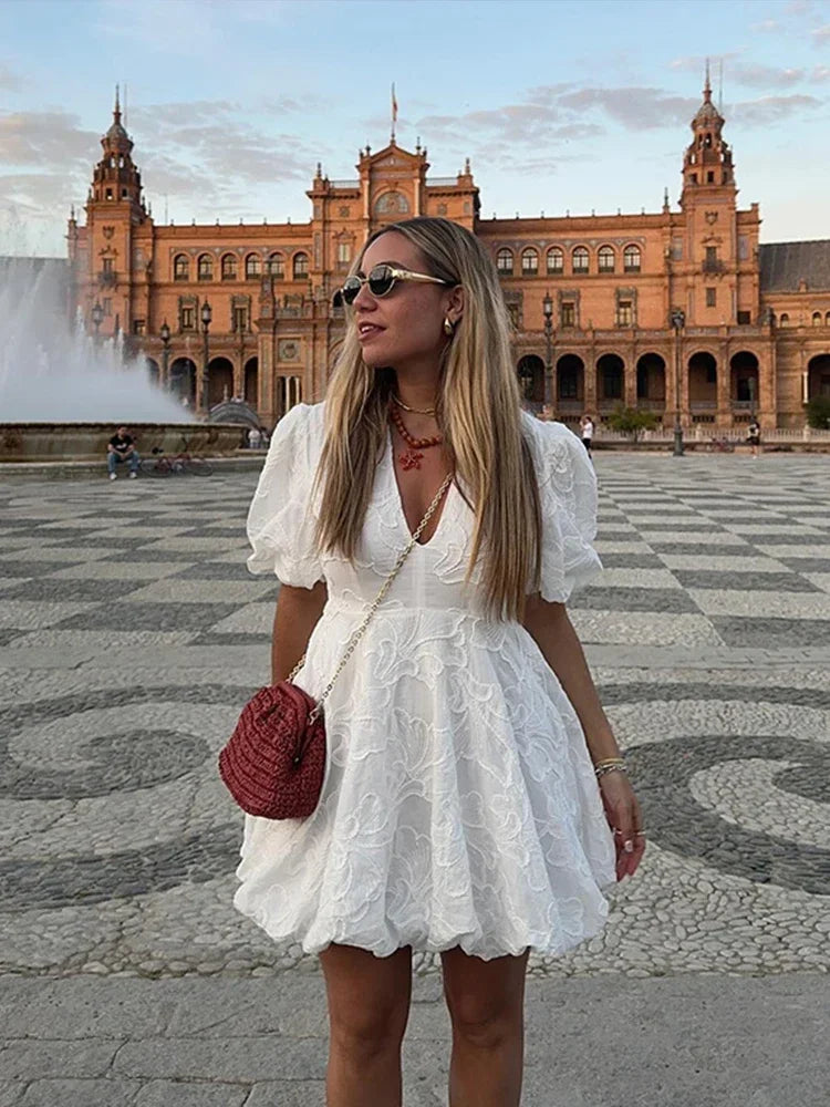 Women's Puff Sleeve Mini Dress with Elegant Embroidered Design