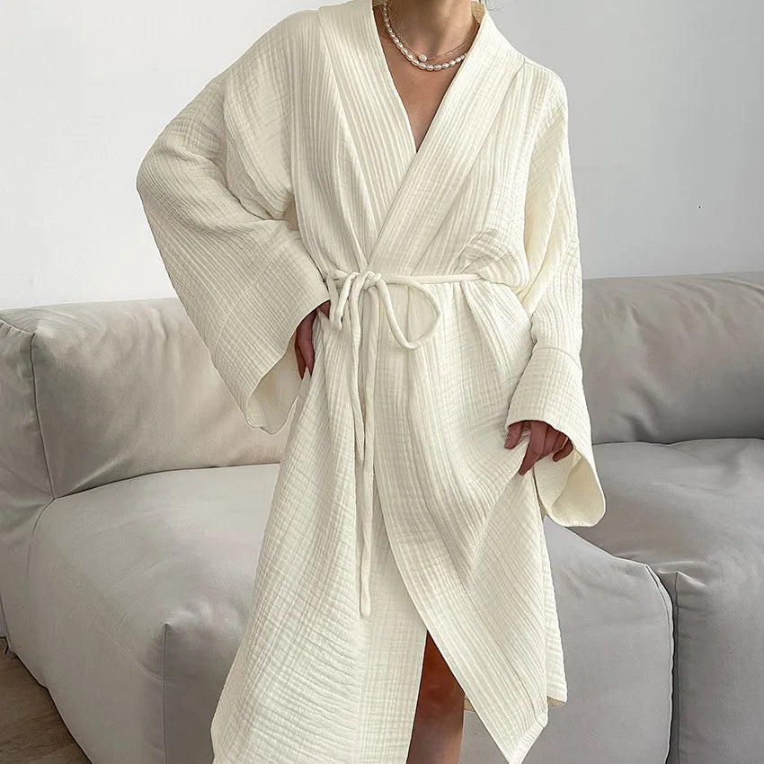 Women's Long Sleeve Cotton Dressing Gown with Belted Wrap Design