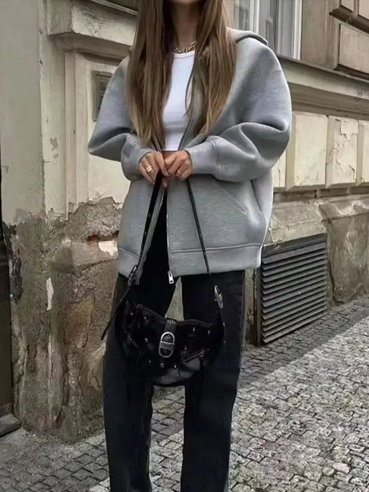 Women's Oversized Zip-Up Hoodie with Drawstring Hood and Pockets