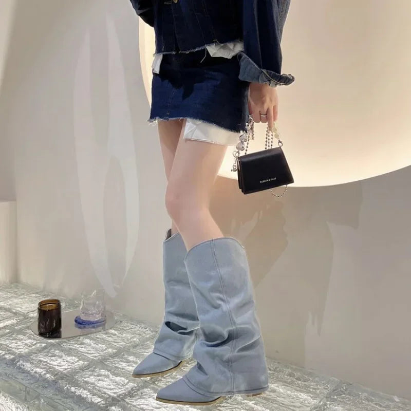 Women's Knee High Boots Pleated Western Pointed Toe Heeled