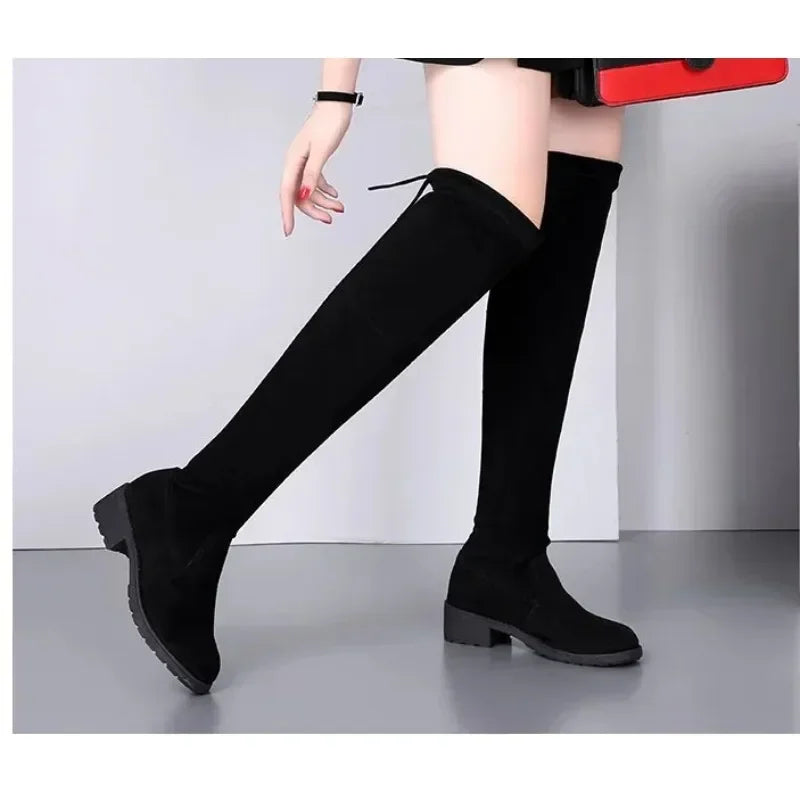 Women's Black Over The Knee Lace-Up Boots with Chunky High Heels