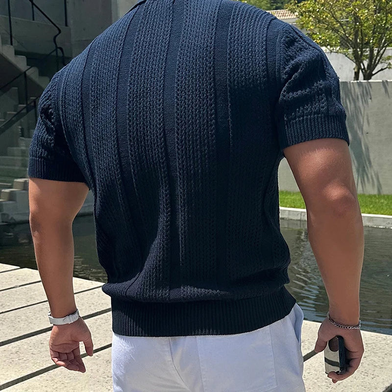 Men's Knitted Mesh Short Sleeve Polo Shirt with Vintage Lapel Design