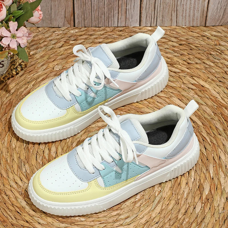 Women's Casual Lace-Up Sneakers with Thick Sole and Perforated Upper