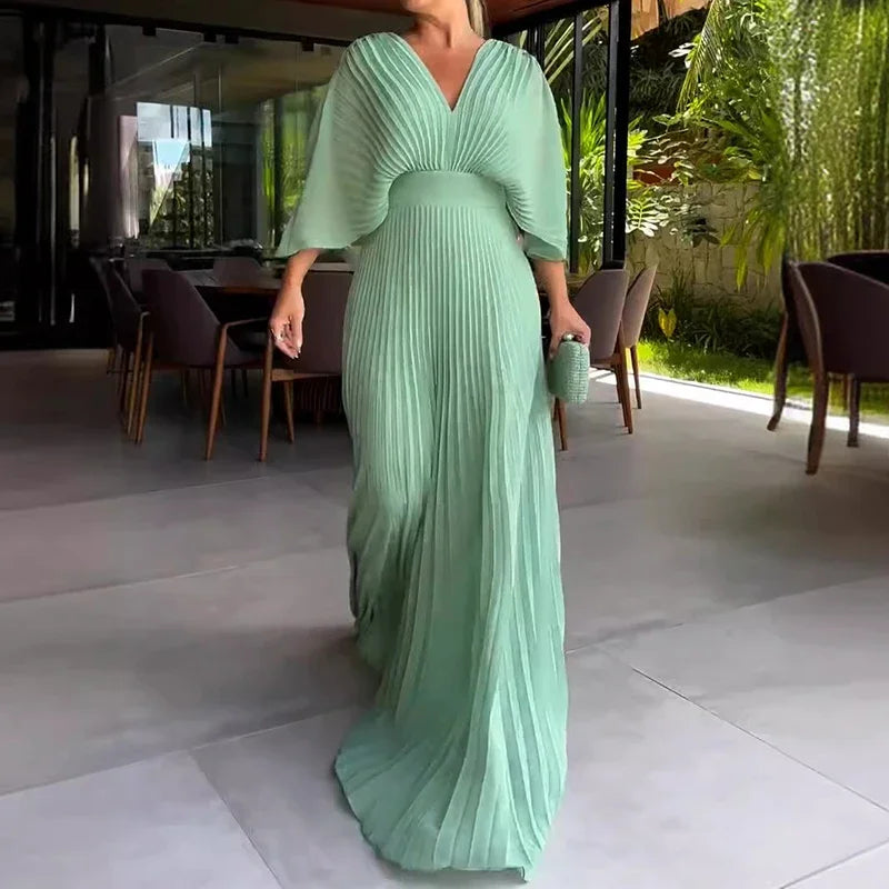 Women's Pleated Maxi Dress with V-Neck and Cape-Style Sleeves