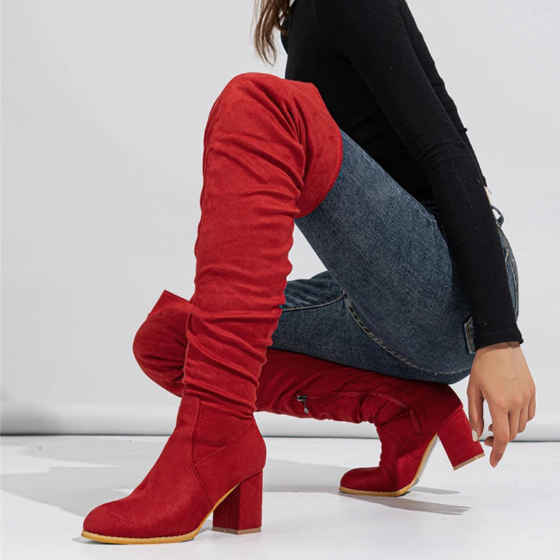 Women's Knee High Boots with Pointed Toe and Slouch Block Heel