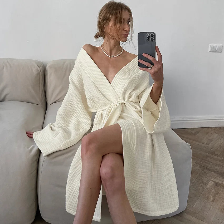 Women's Long Sleeve Cotton Dressing Gown with Belted Wrap Design