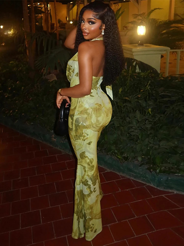 Women's Halter Maxi Dress with Artistic Print and Draped Neckline