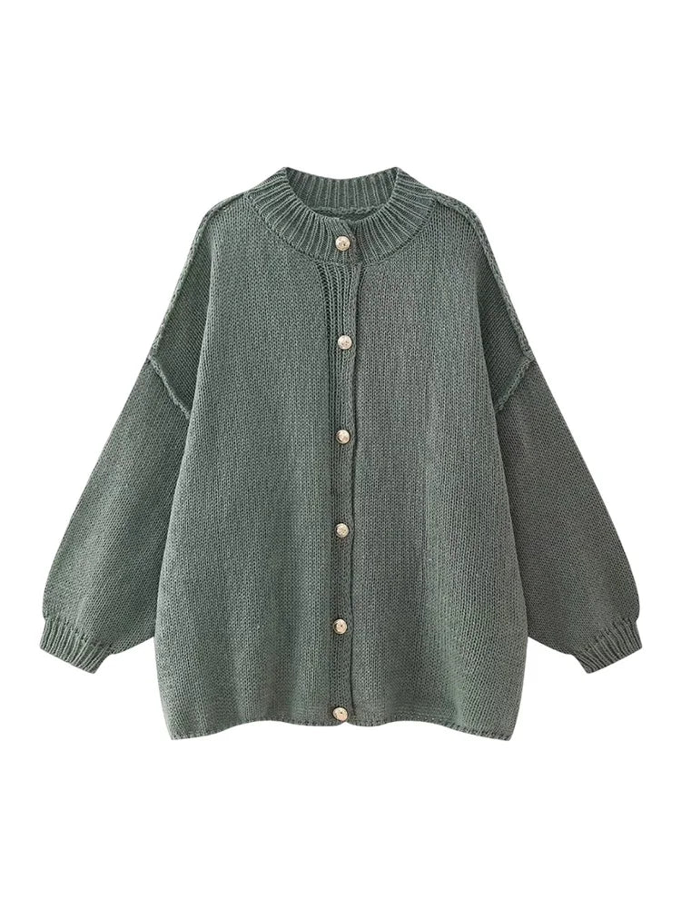 Women's Bat Sleeve Cardigan with Lapel and Metal Button Detail