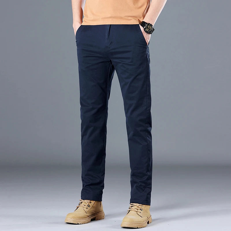 Men's Cotton Work Trousers Slim Fit Straight Leg Business Casual Wear