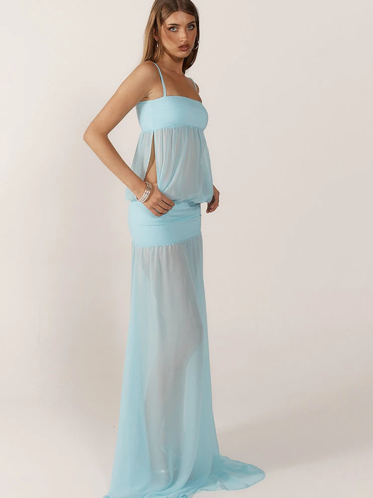 Women's Sheer Maxi Dress with Spaghetti Straps and Side Cut-Outs