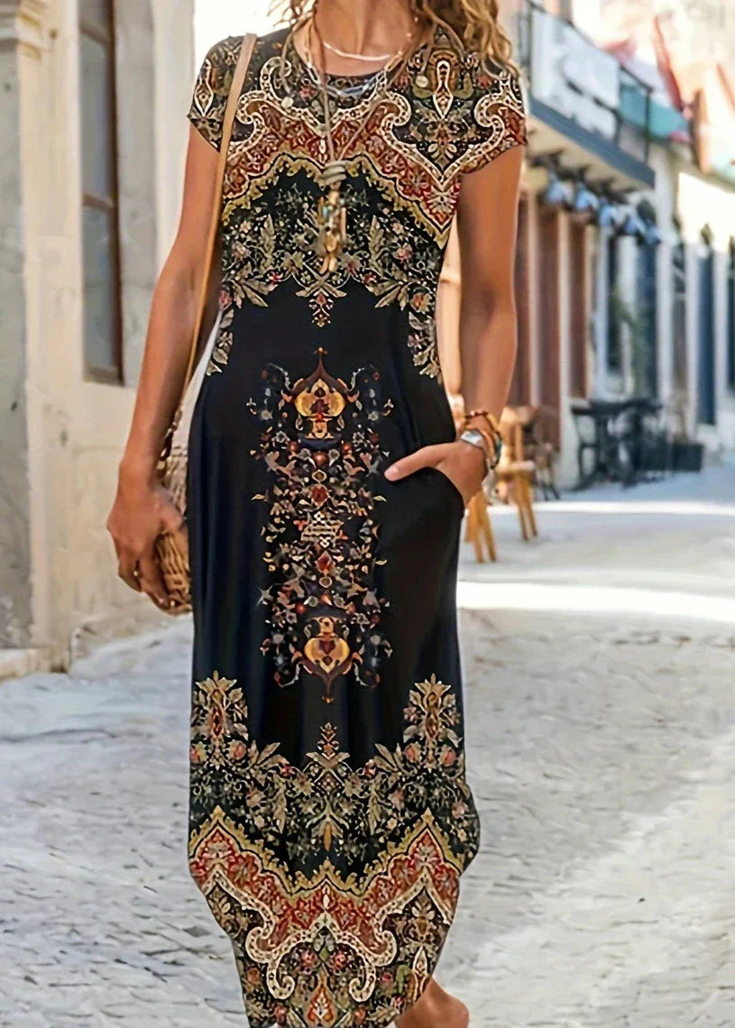 Women's Boho Maxi Dress with Short Sleeves and Ornate Print Design