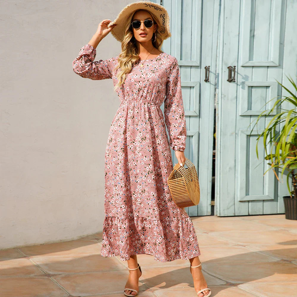 Women's Long Sleeve Maxi Dress with Floral Print and Cinched Waist