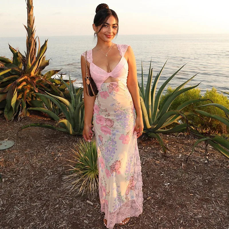 Women's Sleeveless Floral Lace Maxi Dress with Plunge Neck and Side Slit