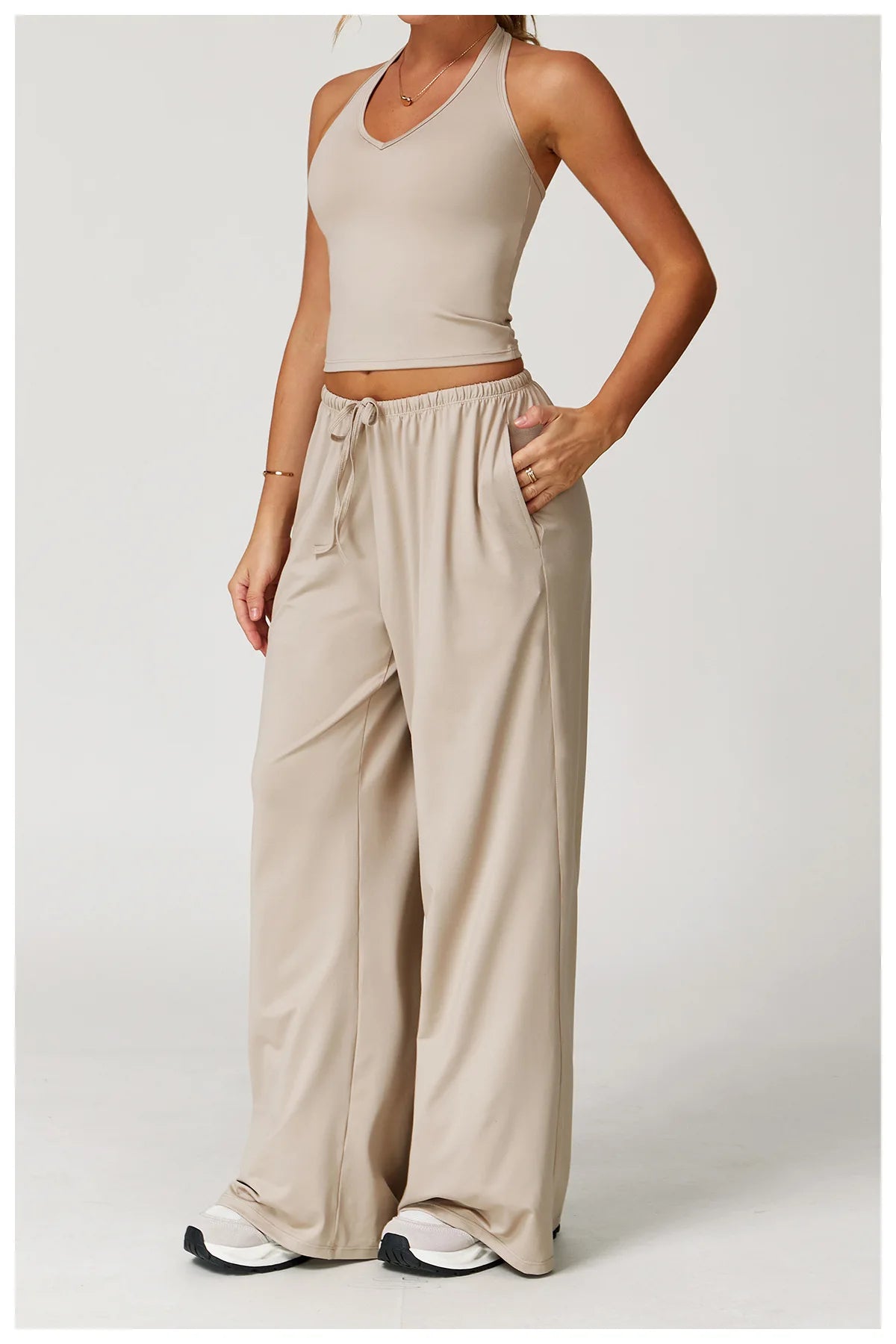 Women’s Two-Piece Lounge Set with Racerback Crop Top and Wide-Leg Pants