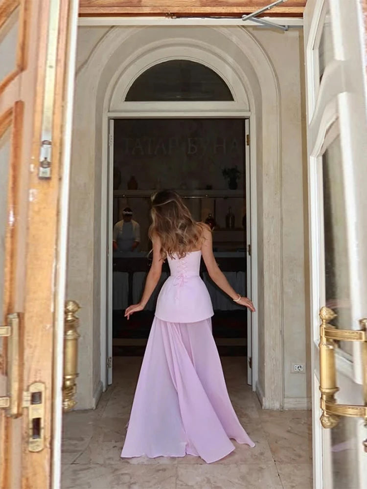 Women's Strapless Maxi Wedding Guest Dress with High Slit and Corset Bodice