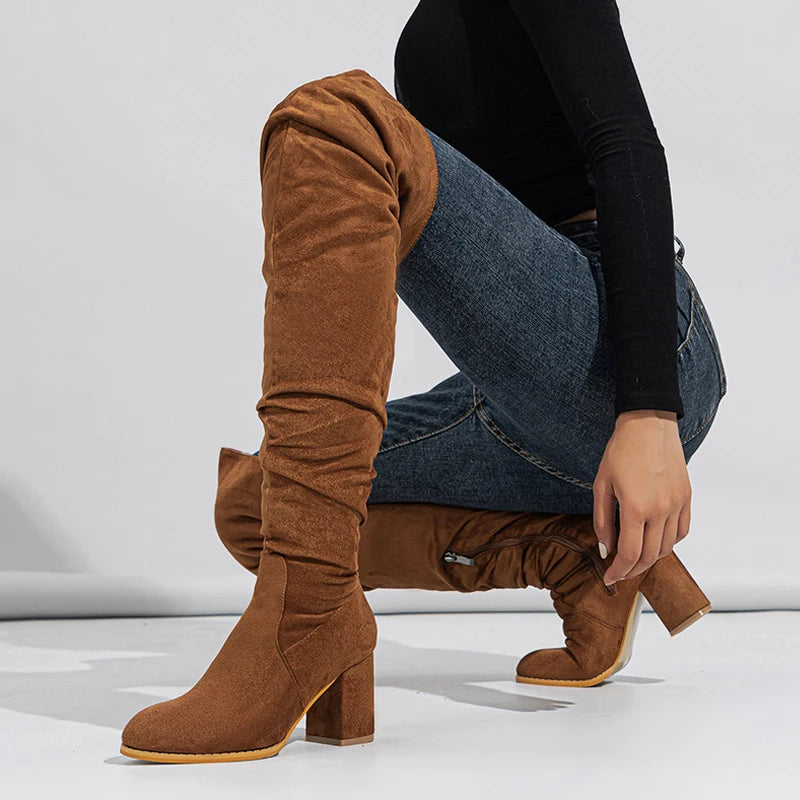 Women's Knee High Boots with Pointed Toe and Slouch Block Heel