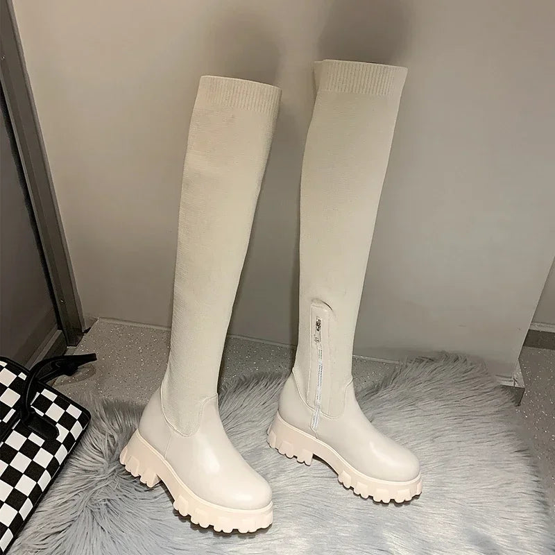 Women's Knee High Boots with Stretch Fit Chunky Lug Sole and Side Zip