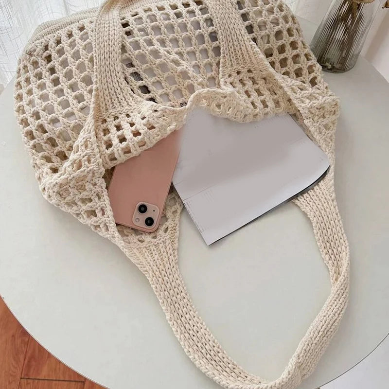 Women's Crochet Tote Bag with Hollow Knit and Large Capacity