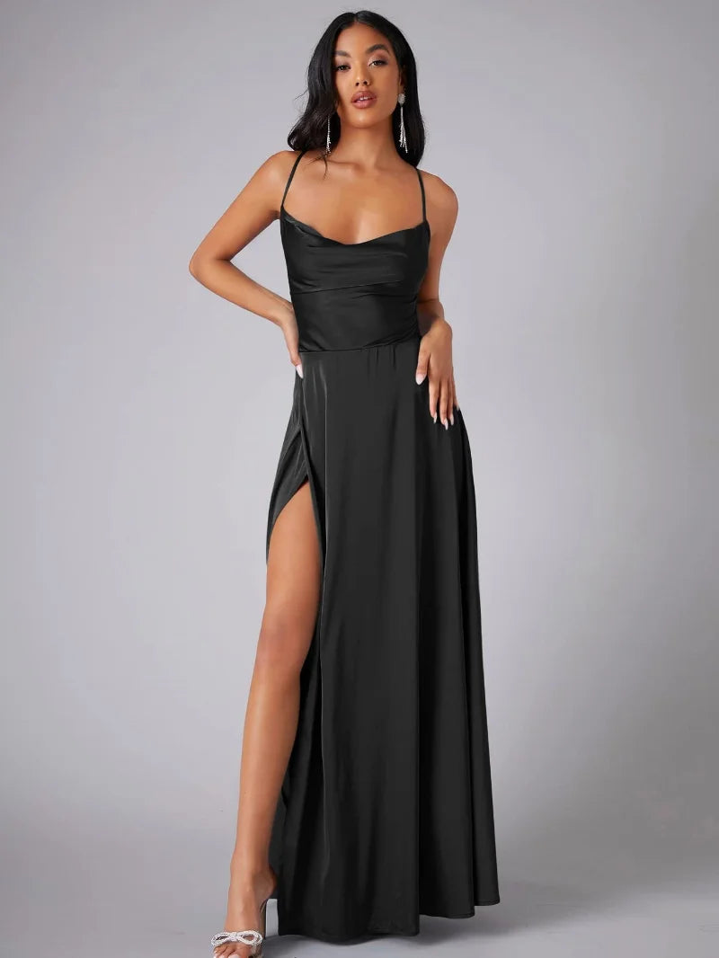 Women's Spaghetti Strap Evening Maxi Dress with High Slit