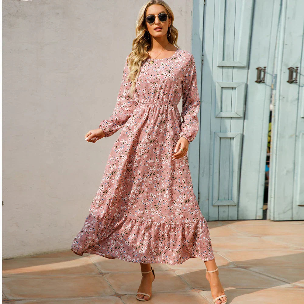 Women's Long Sleeve Maxi Dress with Floral Print and Cinched Waist