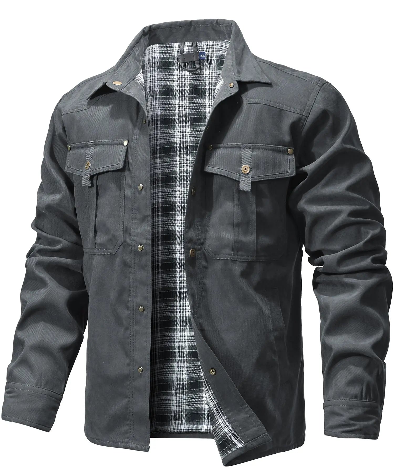 Men’s Western Overshirt Jacket with Plaid Lining and Flap Pockets