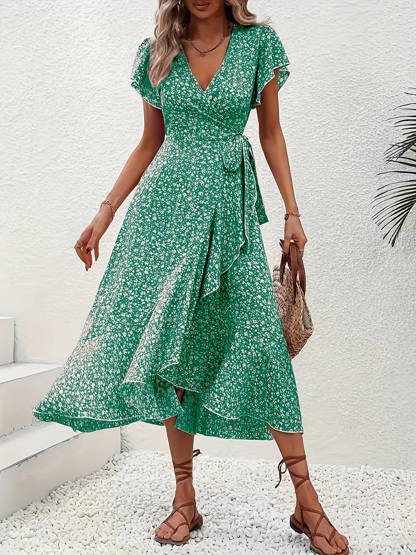 Women's V-Neck Floral Mini Wrap Dress with Short Sleeves and Tie Waist