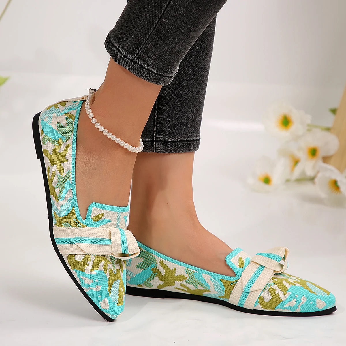 Women's Slip-On Pointed Toe Ballet Flats Shoes with Bow Detail