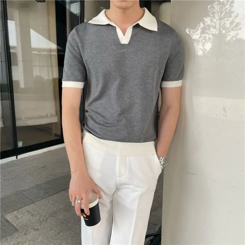 Men's Short Sleeve Polo Shirt with Contrast Collar and Ribbed Hem