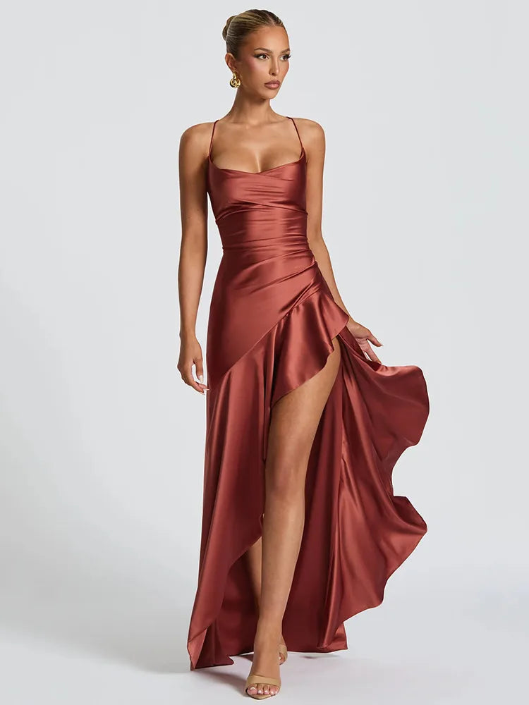 Women's Backless Spaghetti Strap Wedding Guest Maxi Dress