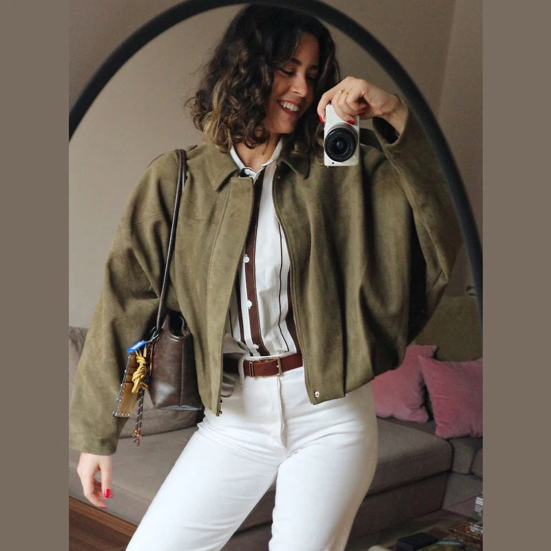 Women's Cropped Bomber Jacket with Lapel Collar and Zip Front