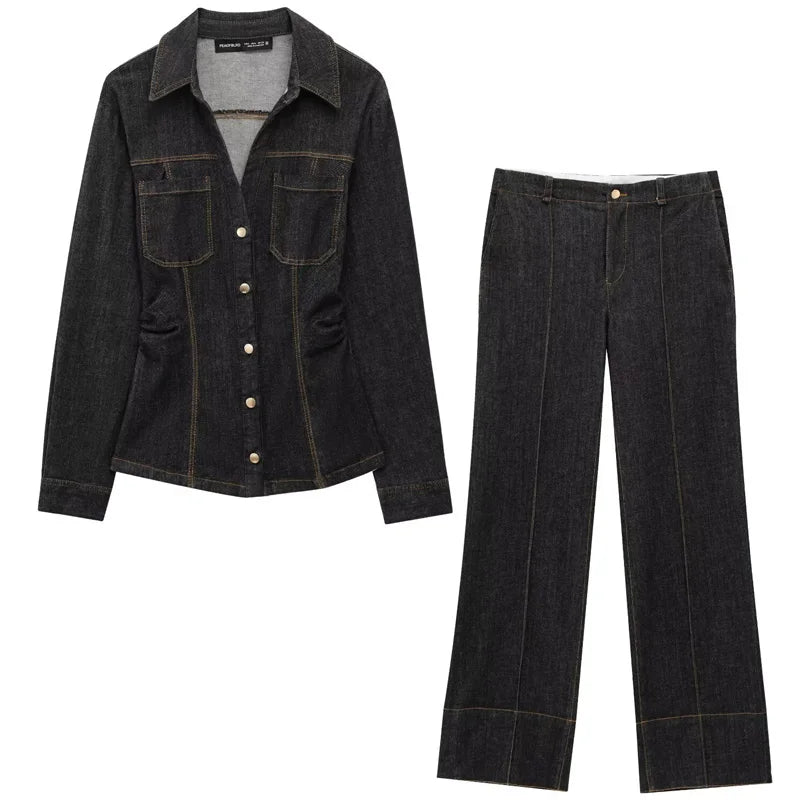 Women's Black Denim 2 Piece Set with Long Sleeve Shirt and Flare Pants