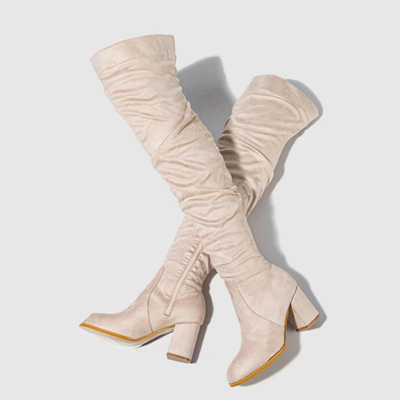 Women's Knee High Boots with Pointed Toe and Slouch Block Heel